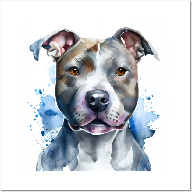 Pitbull Terrier Watercolor Portrait with Blue Accents Wall Art by designs4days